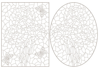 A set of contour illustrations in the style of stained glass with bouquets of carnations, dark outlines on a white background