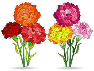 A set of stained glass illustrations with bouquets of carnations, flowers isolated on a white background