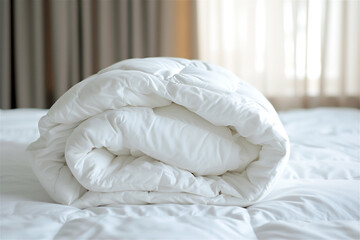 Fototapeta na wymiar winter season, White folded duvet lying on white bed background.