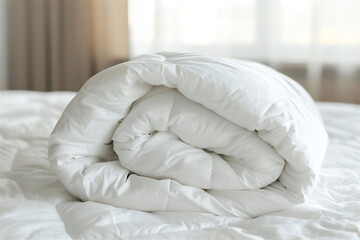winter season, White folded duvet lying on white bed background.