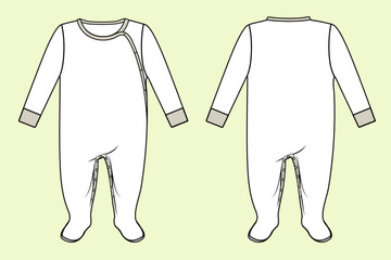 Baby Long-Sleeve Sleeping Onesie Fashion Template with Classic Black and White Outlines - Front and Back View Mock-Up
