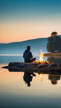 the tranquility of a lakeside scene with a bonfire's reflection shimmering on the water