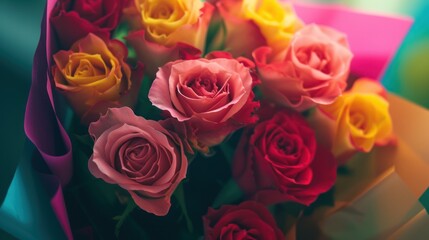 Roses in a bouquet of brightly colored paper, Valentine's Day