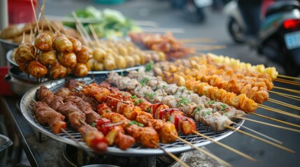 street food snacks, one of more popular food in Vietnam nowadays, especially with the young generation. They include meats, seafood and vegetables, combined in one stick and grilled on stove. - obrazy, fototapety, plakaty