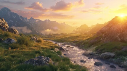 Sunrise on a mountain with rivers, rocks, and grass.