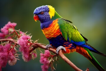 : A vibrant rainbow lorikeet perched on a branch, its plumage a riot of colors.