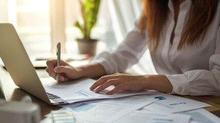 Female accountant working with document about financial with laptop at office, Business, Finance and economy concept.