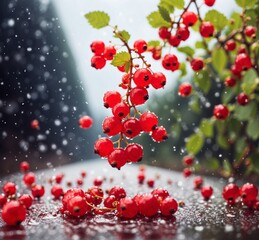 Red currant berries on the table in the rain. Red currant on the table.