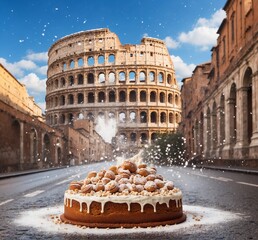 Conceptual image of tasty cake in front of colosseum in Rome, Italy