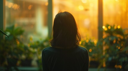 Quiet Observance: A woman with social anxiety watches from the sidelines, her solitude emphasized against the blurred background of social interaction. - obrazy, fototapety, plakaty