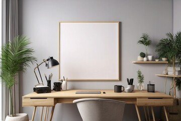 Sleek Workspace - 3D Rendering of Home Office Interior with Elegant Frame Mockup.