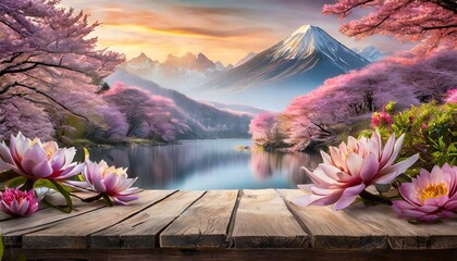 Roses are on a wooden bridge surrounded by pink trees with a backdrop of clean water in the icy mountains