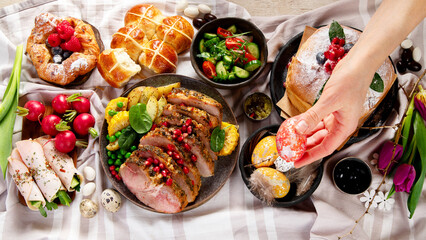 Cheerful Easter table. Traditional food at the event. Holiday concept