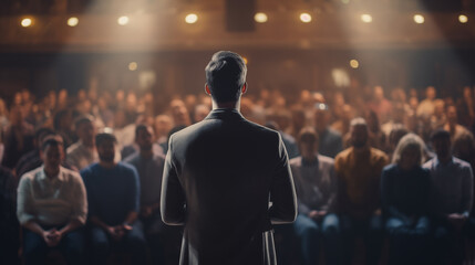 Man stand on stage and presentation to huge group of people in hall, blur background, back of man, turn back - obrazy, fototapety, plakaty