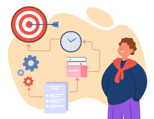 Man setting personal goals vector illustration. Diagram of  goal setting and achievement of success. Target, gear wheels, checklist, clock. Personal growth, setting goals concept