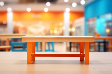 wooden shopping mall table with blurred background, in the style of light orange and light brown, 8k resolution, vintage atmosphere, bob ringwood, sparse backgrounds, 
