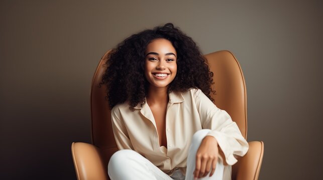 _happy_young_african_american_young_woman_sitting_in a chair ai generated 4k image