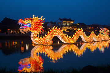 Dragon is lit up at night during chinese new year. Dragons are the most favourite symbols of Chinese