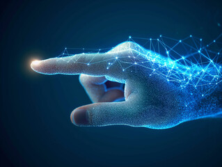 Human finger touch with electric light on blue background.