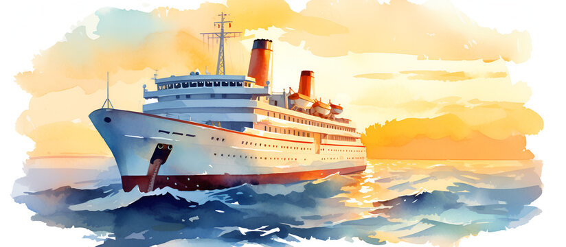 Watercolor illustration of a passenger ship in the sea at sunset.