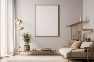 Relaxing Chair Gallery Wrapped Canvas: Blank Picture Frame Mockup in Modern Living Room Interior.
