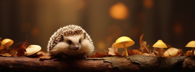 Obraz premium A hedgehog perched on a wooden log amidst a cluster of mushrooms in a forest.