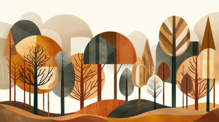 Stylized autumn forest scene, geometric tree shapes in rich earth tones, modern artistic canvas print, illustration