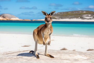 A kangaroo stands on top of a sandy beach, showcasing the unique combination of wildlife and coastal scenery.