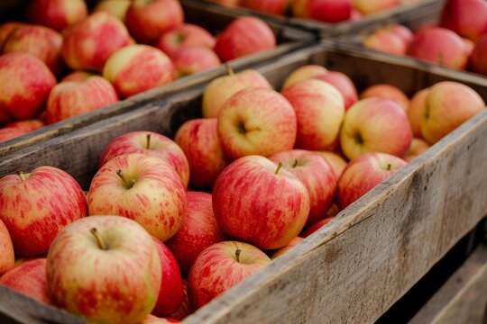 Close-up of wooden crates full of ripe apples