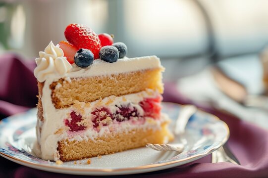 : A slice of cake on a plate, with the frosting and the fruit in focus and the fork and the napkin in the background out of focus.