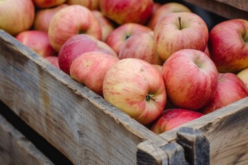 Fototapeta na wymiar Close-up of wooden crates full of ripe apples