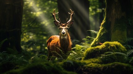 A deer stands amidst the trees in a forest, showcasing its natural habitat.