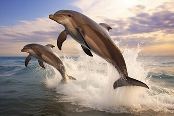 : A playful family of dolphins leaping out of the water in unison, creating splashes.