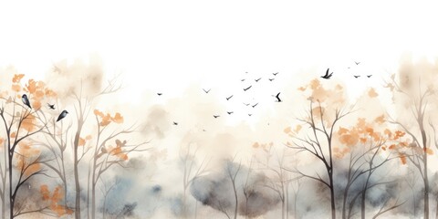 A realistic painting depicting a serene scene of trees with birds flying gracefully above them.