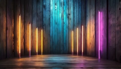 abstract background with lights, Modern futuristic neon lights on old grunge brick wall room background art, background wallpaper stone, wallpapers, photos, background, landscape, Ai Generate - obrazy, fototapety, plakaty