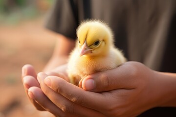 A person holds a small yellow chicken in their hands, gently cradling it with care and affection.