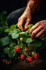 Hands picking strawberries