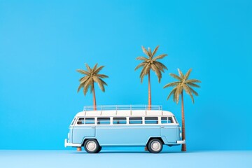 A blue and white VW bus is parked in front of two palm trees.