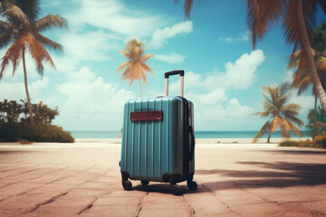 Fototapeta premium A suitcase is placed on the ground in front of a backdrop of palm trees.