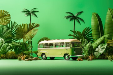 A green and white bus is parked in front of a group of palm trees, creating a tropical scene.