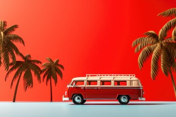 A red and white van is parked in front of a row of palm trees, creating a vibrant contrast against the tropical backdrop.