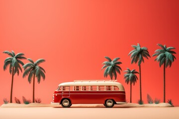 A red and white bus is parked in front of tall palm trees, creating a vibrant contrast against the lush green foliage.