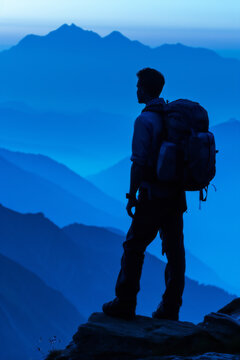 Backpacker Embracing Nature's Beauty on a Mountain Peak at Dawn