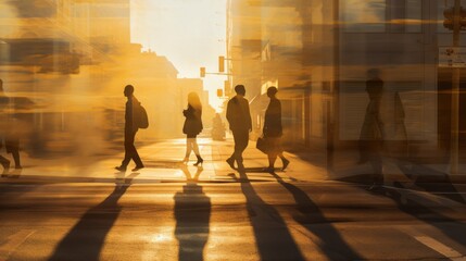 People walking down a city street, crossing the road at sunset. Silhouettes of people with shadows, the golden hour.
