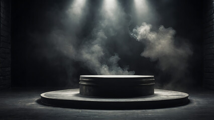 Podium black dark smoke background product platform abstract stage texture fog spotlight. Dark black floor podium dramatic empty night room table concrete wall scene place display smoky, isolated