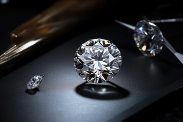 A diamond sparkles as it sits on a table next to a pair of diamond studs.