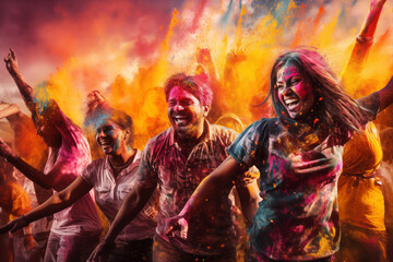 happy hindu indian people celebrate holi festival by throwing colorful powder at each other, generative AI