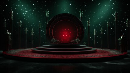 Against a backdrop resplendent with gradients of emerald and ruby, a 3D round podium reveals itself. Adorned with crescent moons and stars, it functions as an enthralling stage for Muharram ceremonies