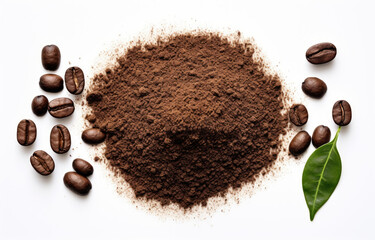 A photograph featuring a pile of ground coffee placed next to a vibrant green leaf.