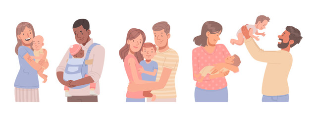 Set of mom and dad characters with baby. Happy young parents with newborn children